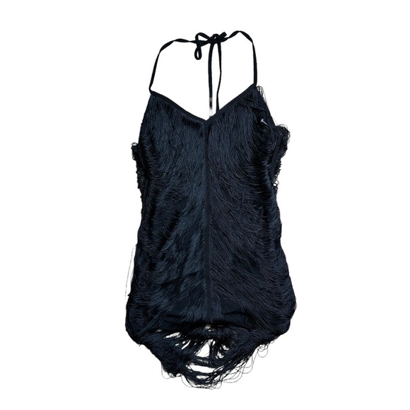Azalea Wang Black Fringe Halter Mini Dress US M - Picture 4 of 11